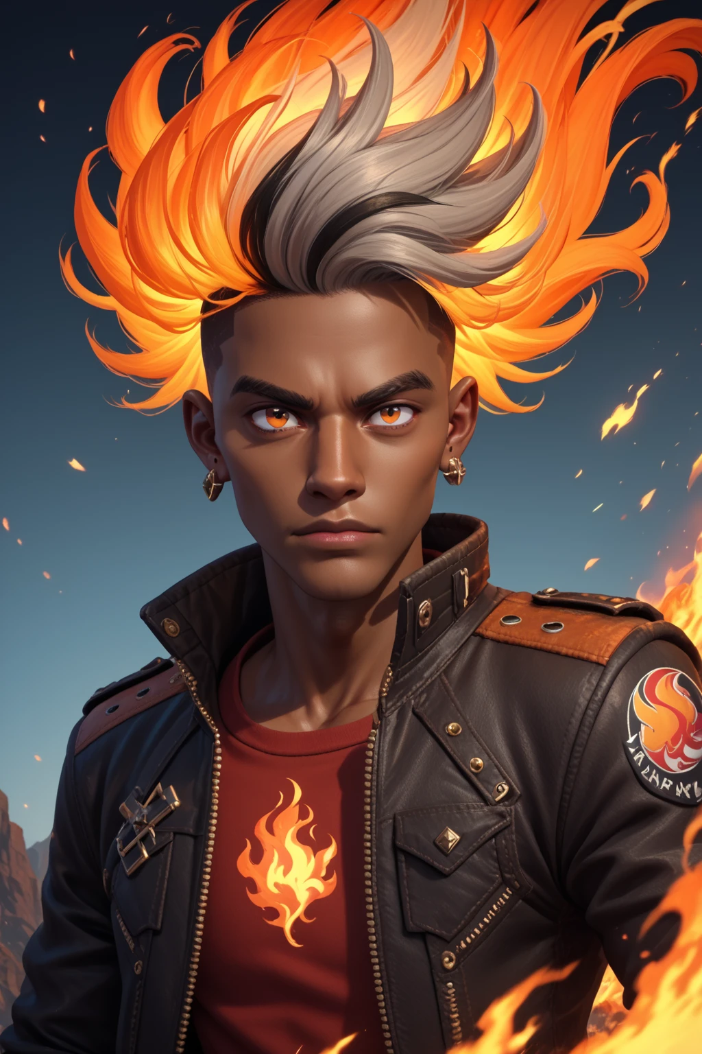 1boy, brown eyes, jewelry, closed mouth, jacket, dynamic pose, grey hair, male focus, multicolored hair, earrings, dark skin, dark-skinned male, orange eyes, floating hair, glowing, dark-skinned male, fire, undercut, fiery hair, eyebrow cut, source_anime, source_pony, source_cartoon , depth of field, outdoors, cinematic angle,, cinematic lighting, zPDXL PonyXLV6_Scores