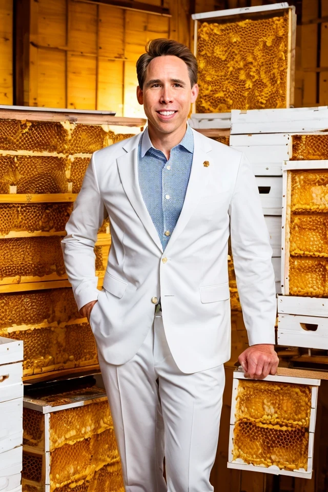 josh hawley <lora:senate_049_josh_hawley:0.65> , face closeup, face focus, shirt, formal, suit, collared shirt, white shirt, jacket,
Wearing a beekeeper suit, standing in an apiary with bee hives around, holding a giant honeycomb, "Honey Pot Funds",
best quality, masterpiece, HDR, professional, studio quality, highres,