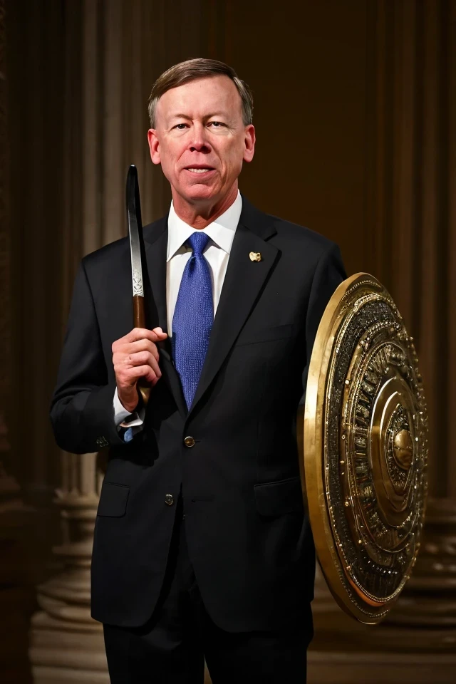 john hickenlooper <lora:senate_012_john_hickenlooper:0.65> , face closeup, face focus, shirt, formal, suit, collared shirt, white shirt, jacket,
Wearing gladiator armor, standing in a Roman-style coliseum, holding a sword and shield with the Senate emblem on it,
best quality, masterpiece, HDR, professional, studio quality, highres,