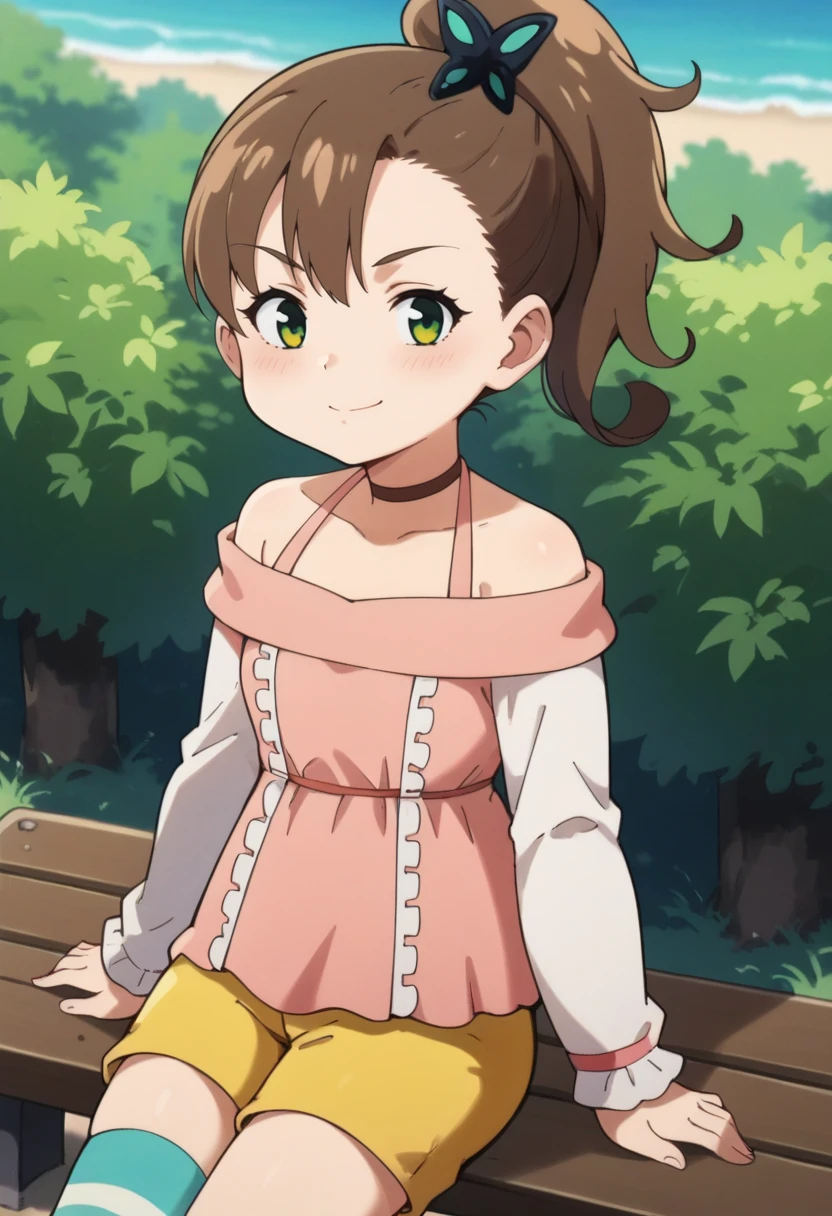score_9, score_8_up, score_8, source_anime, 1girl, <lora:RinneInabav2:0.85> young girl, small breasts, sidetail hair, brown hair, green eyes, blush, smirk, brown choker, pink dress, white sleeves, yellow shorts, single thighhigh, striped thighhigh, butterfly hair ornament, view from above, looking at viewer, sitting on bench,
<lora:HarvestStyleV2_PonyXL:0.7>
forest path background, ocean, blurry background,