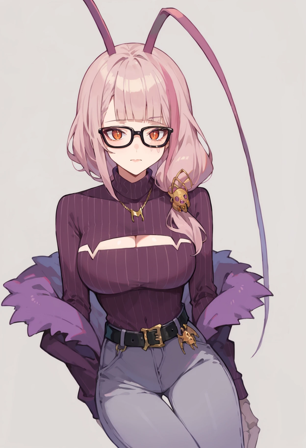 score_9, score_8_up, score_7_up, uncensored, source_anime, 1girl,  <lora:spmatarakanXLPony2:1> matarakanswt, arthropod girl, necklace, ribbed sweater, purple sweater, cleavage, cleavage cutout, grey pants, black belt, glasses, shadow, simple background, white background, yokozuwari