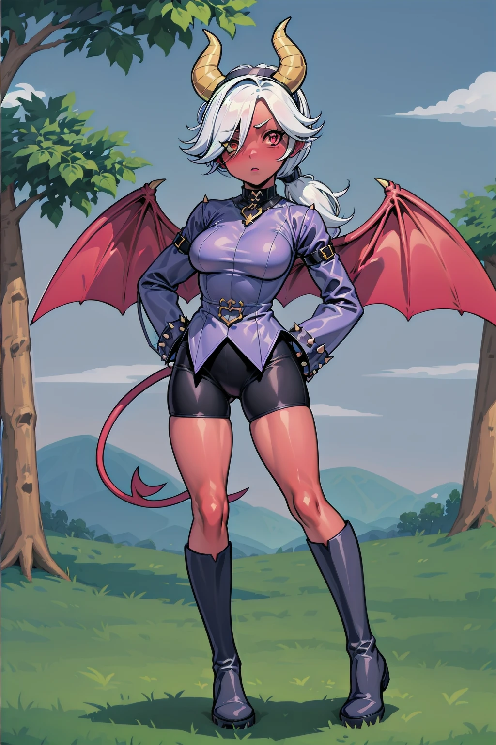 (masterpiece, best quality), trixie colette, 1girl, solo, demon girl, (colored skin, red skin, red eyes, colored sclera, yellow sclera:1.3), short hair, (ponytail:1.2), white hair, hair over one eye, demon tail, demon horns, demon wings, medium breasts, hairband, choker, shirt, arm belt, spikes, long sleeves, sleeves past fingers, sleeves past wrists, shorts, (boots, knee boots, black footwear:1.2), <lora:Trixie_Colette__Brawl_Stars_V1.5:0.7>, (hands on hips, outdoors:1.2)