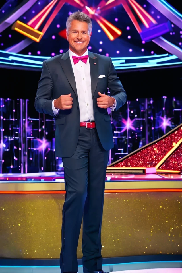 roger marshall <lora:senate_032_roger_marshall:0.65> , face closeup, face focus, shirt, formal, suit, collared shirt, white shirt, jacket,
Dressed in a flashy game show host outfit with a bow tie and sparkly jacket, standing on a game show set, spinning a large prize wheel,
best quality, masterpiece, HDR, professional, studio quality, highres,