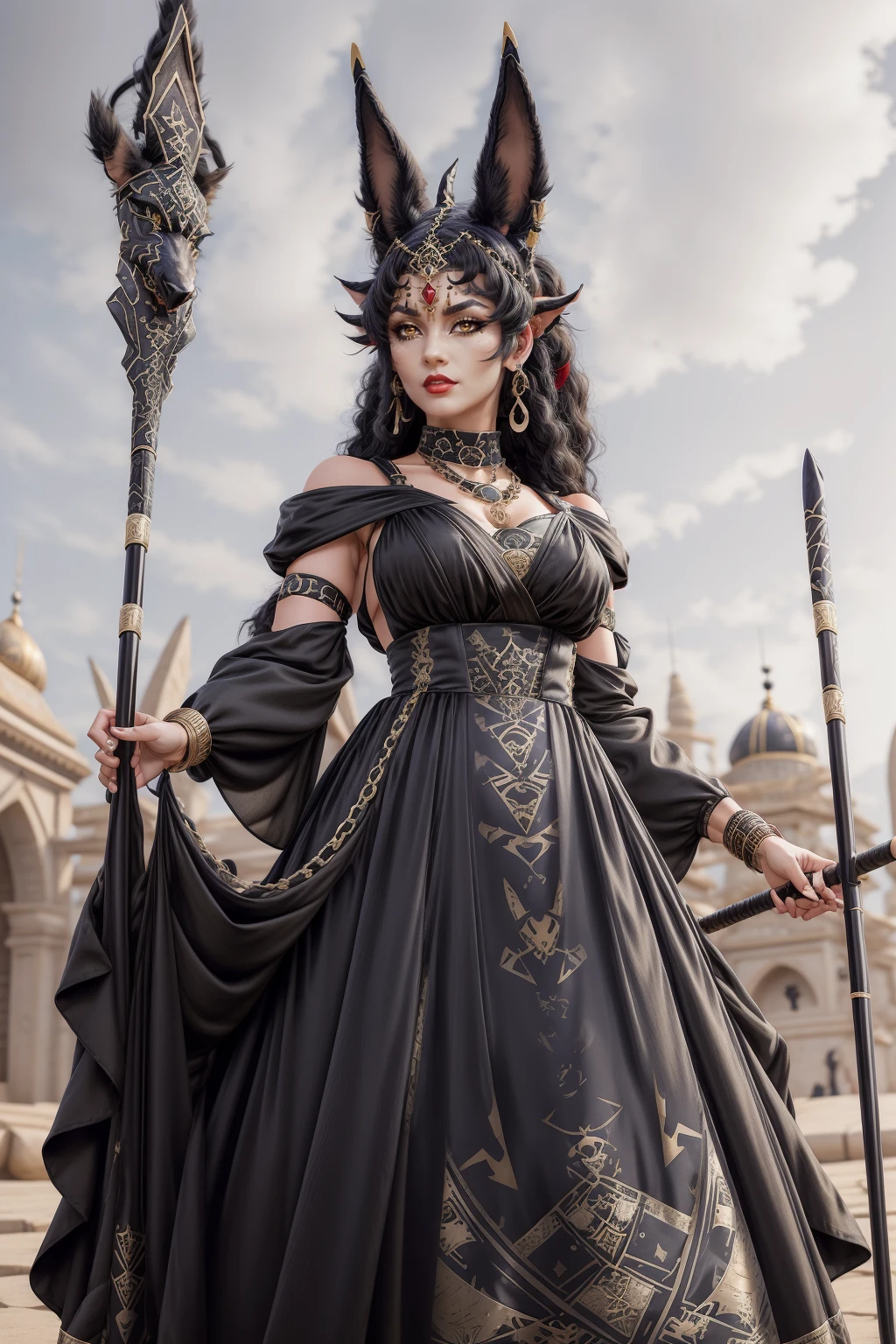(macro shot:1.1), (battoujutsu_stance:1.1), (upper body photo:1.3), adult woman, red lipstick, hud_anubis_drss, long dress, black dress with gold detail, ((black animal ears)), earrings, bracelets, necklace, gold headdress, long sleeves, puffy sleeves, high heels, staff, <lora:Anubis_Dresssd15-000008:0.7>, outdoors, night sky, looking at viewer