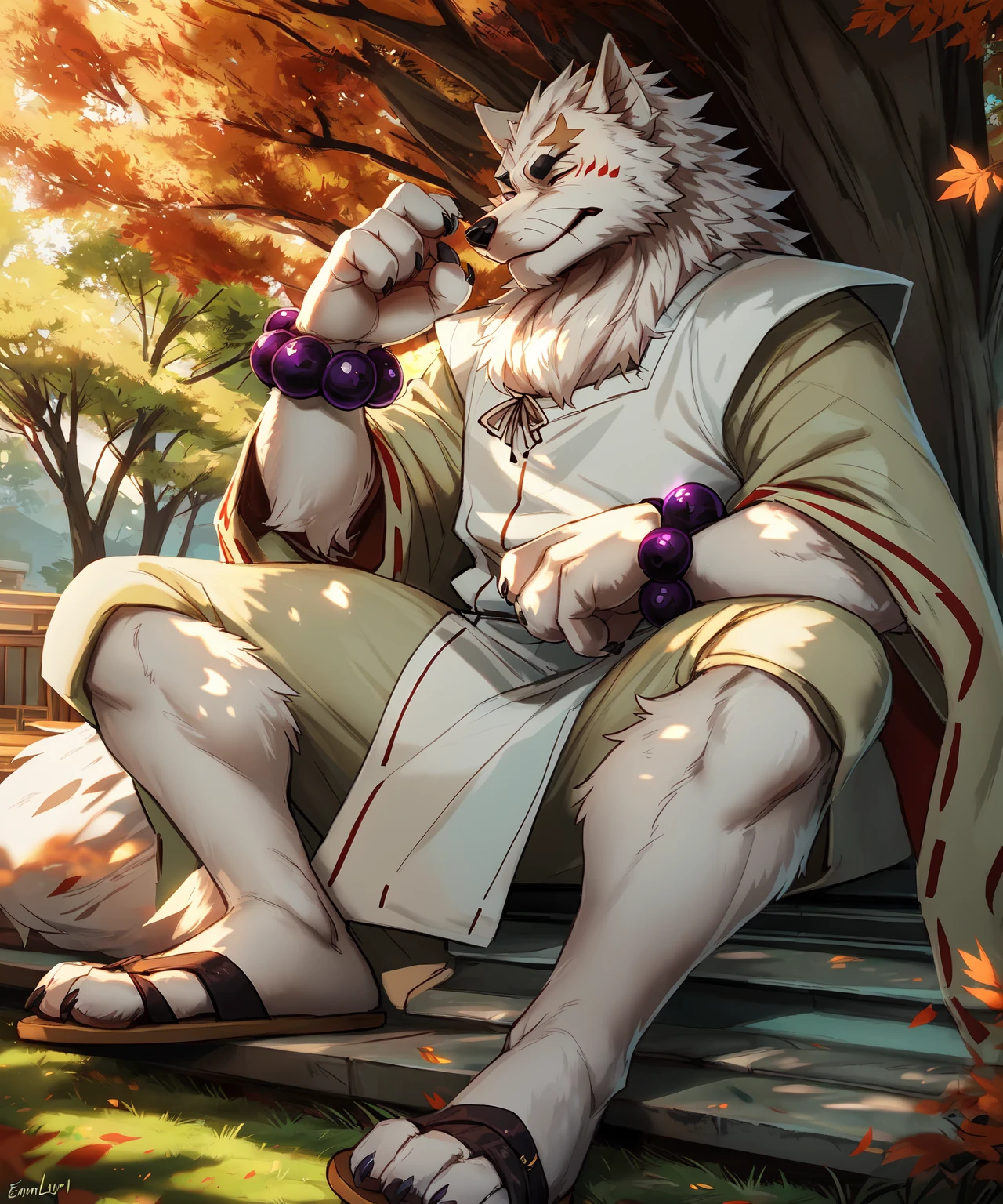 this photograph depicts a male gintar0 reclining holding a tiny fan up to his face, solo, gintar0, canid, eyes closed, 4 fingers, sandals, anthro, fluffy fur,(large fluffy tail:1.2), white fur,white kimono, slim male, white body,bead bracelet, purple bead bracelets,light smile, fangs, light blush, canine teeth, blep, tongue, feet,paws, claws, anatomically correct,  4k,hi res,detailed, insanely detailed, depth of field, foreshortening, outdoors,summer, breeze, tree, leaves, (cinematic lighting, wide dynamic range, hdr), by lion21, by sky gomi, by negy, by lynncore, by imperatorcaesar,by kammi-lu, by falcrus, by patto, by zackary911, <lora:gintar0_YM:0.8>