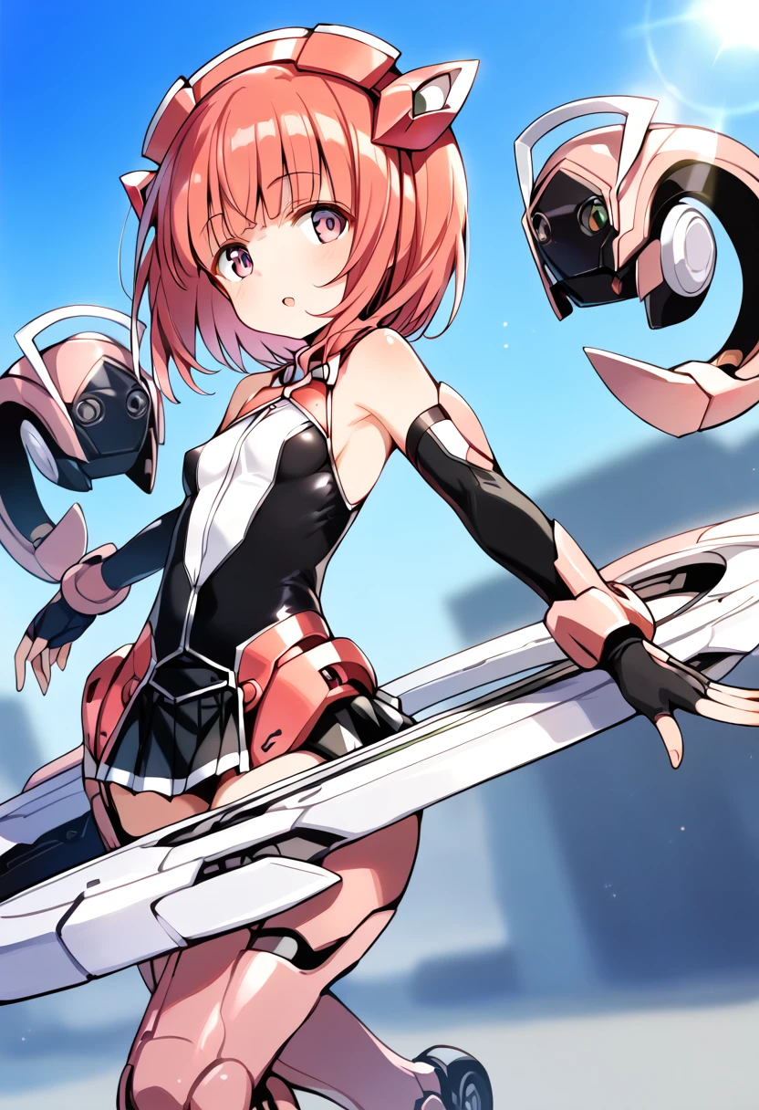 score_9, score_8_up, score_7_up, source_anime BREAK
1girl, aikawa aika, ace suit, another gear, alice gear, red hair, halterneck, microskirt, partially fingerless gloves, sparkle, :o, lens flare, covered nipples, huge weapon, blush, zettai ryouiki, covered navel, eyebrows visible through hair, spread arms, sidelocks, black gloves, shiny, thrusters, looking ahead, blunt bangs, skin tight, parted lips, standing, smile, floating object, mechanical legs, black skirt, from side, sheath, greaves, sword, shiny hair, bob cut, dutch angle, solo, drone, feet out of frame, depth of field, holding weapon, mechanical wings, miniskirt, elbow gloves, pleated skirt, bare shoulders, leg up, outstretched arm, shiny skin, looking away, looking at viewer, day, black leotard, wings, brown legwear, black thighhighs, black dress, black legwear, vambraces, armor, mecha musume, cowboy shot, blade, headgear, armpits, armored boots, holographic interface, thigh boots, pink hair, looking to the side, standing on one leg, open mouth, outdoors, small breasts, faulds, ground vehicle, purple eyes, pink eyes, hair ornament, sleeveless dress, outstretched arms, braid, short hair
<lora:aikawa_aika_sdxl_locon_pony_v1:0.8>