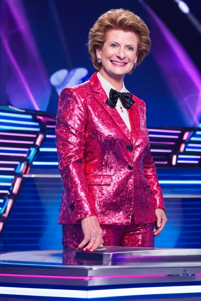 debbie stabenow <lora:senate_043_debbie_stabenow:0.65> , face closeup, face focus, shirt, formal, suit, collared shirt, white shirt, jacket,
Dressed in a flashy game show host outfit with a bow tie and sparkly jacket, standing on a game show set, spinning a large prize wheel,
best quality, masterpiece, HDR, professional, studio quality, highres,