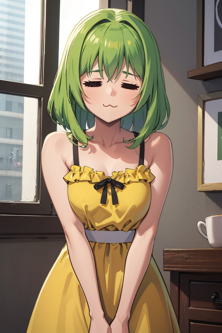 masterpiece, best quality, absurdres, 1girl, solo, =w=, :3, = =, closed eyes, green hair, medium hair, medium breasts, yellow sundress, <lora:ElfExpression:1>