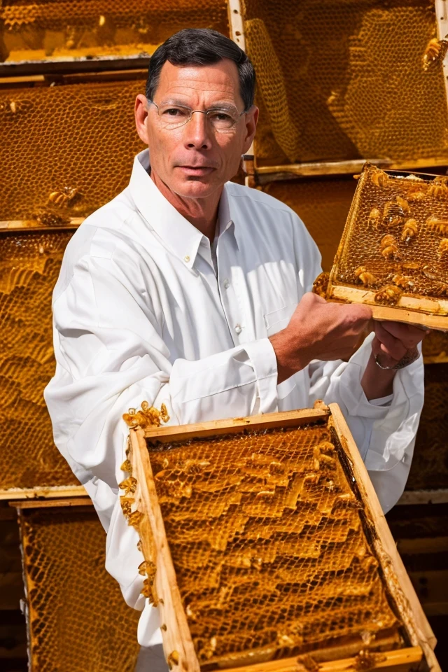 john barrasso <lora:senate_099_john_barrasso:0.65> , face closeup, face focus, shirt, formal, suit, collared shirt, white shirt, jacket,
Wearing a beekeeper suit, standing in an apiary with bee hives around, holding a giant honeycomb, "Honey Pot Funds",
best quality, masterpiece, HDR, professional, studio quality, highres,