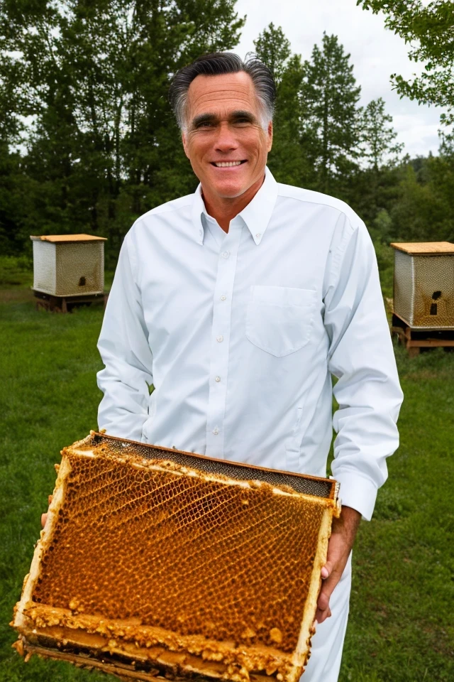 mitt romney <lora:senate_088_mitt_romney:0.65> , face closeup, face focus, shirt, formal, suit, collared shirt, white shirt, jacket,
Wearing a beekeeper suit, standing in an apiary with bee hives around, holding a giant honeycomb, "Honey Pot Funds",
best quality, masterpiece, HDR, professional, studio quality, highres,