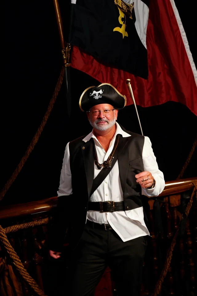 gary peters <lora:senate_044_gary_peters:0.65>, face closeup, face focus, shirt, formal, suit, collared shirt, white shirt, jacket,
Clad in a pirate outfit with an eyepatch, standing on a pirate ship with a Jolly Roger flag in the background, "Treasury Hunt",
best quality, masterpiece, HDR, professional, studio quality, highres,
