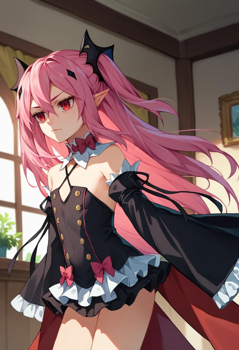 score_9, score_8_up, score_7_up, source anime, 1girl, Krul, two side up, pink hair, red eyes, pointy ears, hair ornament, detached sleeves, detached collar, black dress, black skirt, waist cape, bowtie, indoors, <lora:Krul Tepes2-000005:1>
