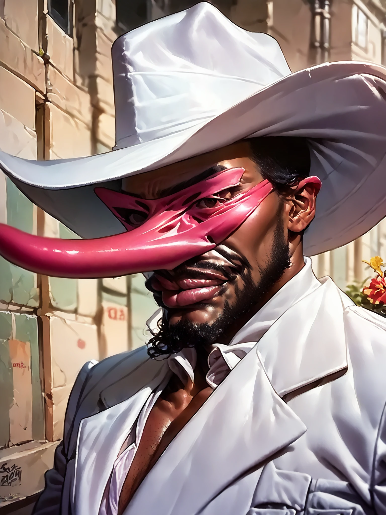 score_9, score_8_up, score_7_up, score_6_up, score_5_up, score_4_up, rating_safe,

sir nose, 1boy, solo, mask, hat, goatee, black hair, lips, dark-skinned male, white suit, medium close up,

photorealistic