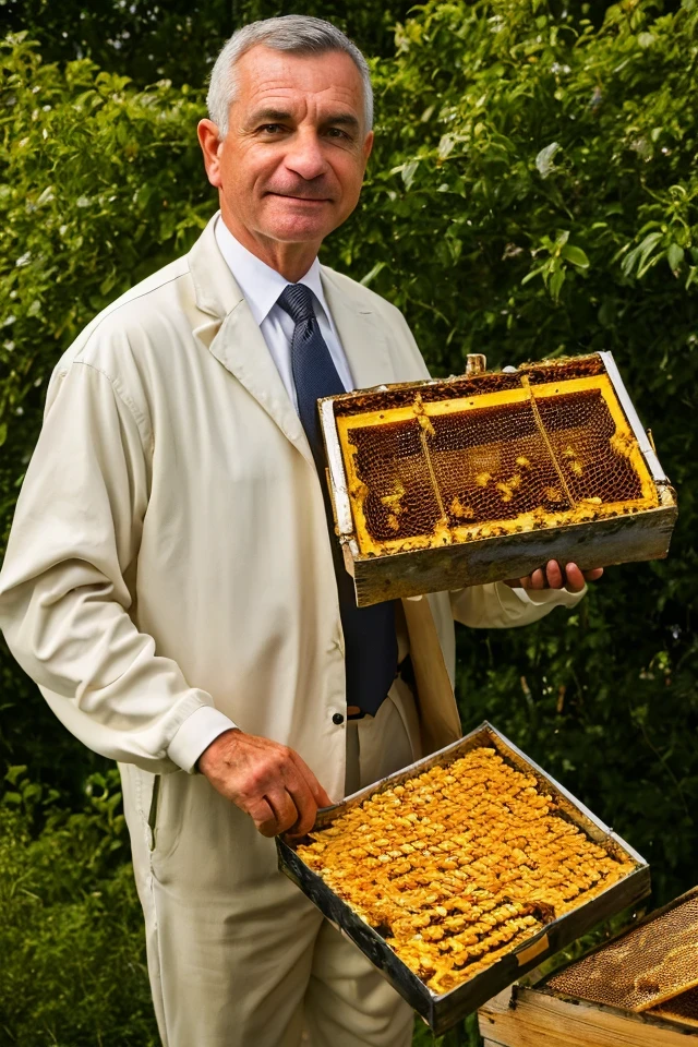 jack reed <lora:senate_077_jack_reed:0.65> , face closeup, face focus, shirt, formal, suit, collared shirt, white shirt, jacket,
Wearing a beekeeper suit, standing in an apiary with bee hives around, holding a giant honeycomb, "Honey Pot Funds",
best quality, masterpiece, HDR, professional, studio quality, highres,