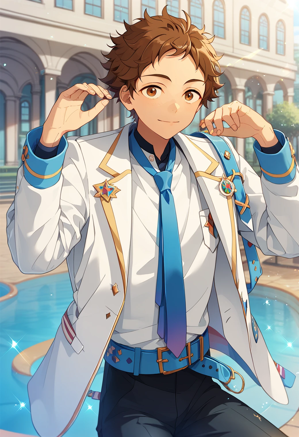 score_9, score_8_up, score_7_up, score_6_up, score_5_up, score_4_up, best quality, amazing quality, best aesthetic, absurdres, solo,mitsuru tenma, brown hair, brown eyes, white jacket, white shirt, blue necktie, black pants, blue belt<lora:EMS-356239-EMS:1.000000>