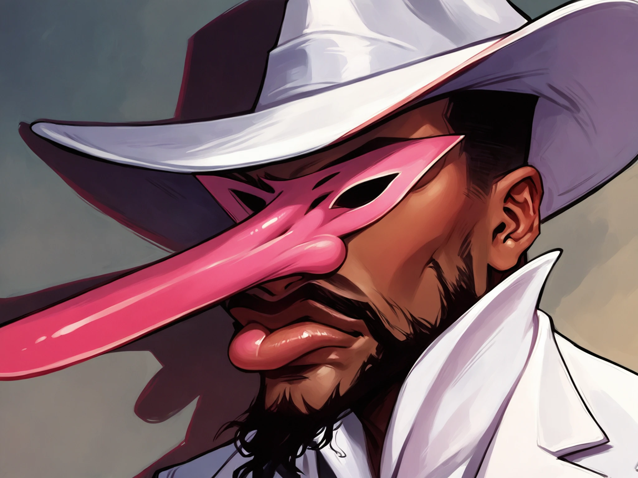 score_9, score_8_up, score_7_up, score_6_up, score_5_up, score_4_up, rating_safe,

sir nose, 1boy, solo, mask, hat, goatee, black hair, lips, dark-skinned male, white suit, close up, detailed face