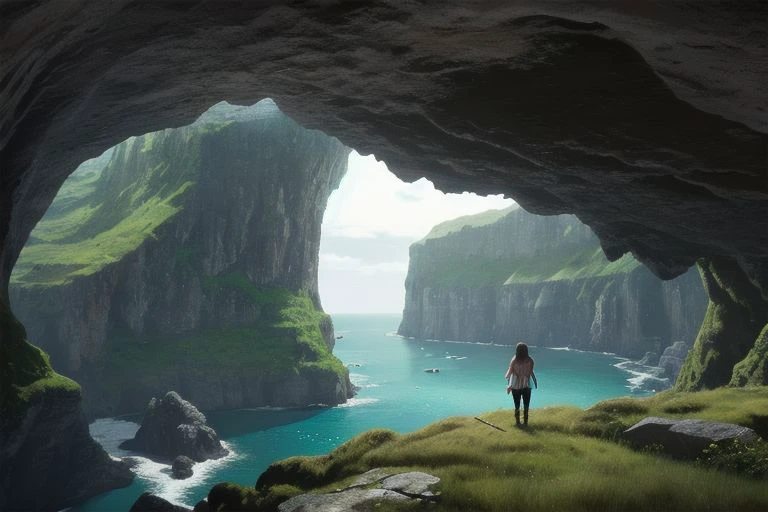 Best quality, 1girl, cave, cliff, standing on cliff, standing, wave, moss