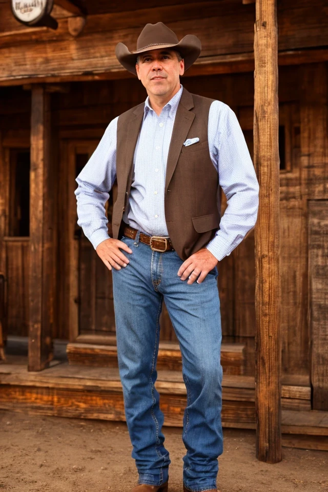jeff merkley <lora:senate_074_jeff_merkley:0.65> , face closeup, face focus, shirt, formal, suit, collared shirt, white shirt, jacket,
Dressed in cowboy attire with a ten-gallon hat and cowboy boots, standing in front of a Western saloon, lasso or branding iron,
best quality, masterpiece, HDR, professional, studio quality, highres,