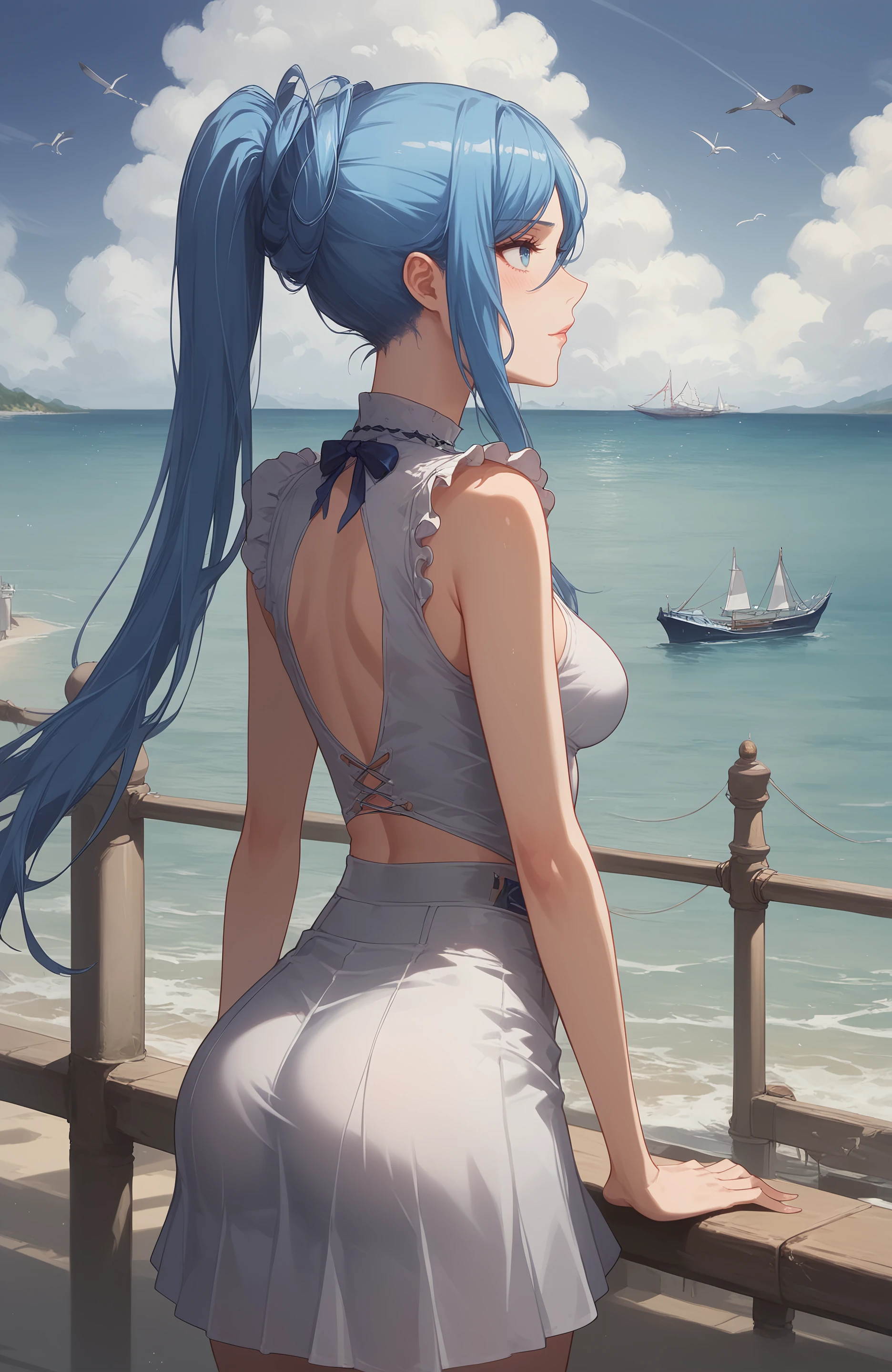 score_9, score_8_up, score_7_up, Expressiveh,<lora:Takao:0.8>,blue eyes,ponytail,blue hair,medium breasts,,ultra detailed,nsfw, uncensored, masterpiece, best quality, ultra-detailed, illustration, 1girl, solo, white t-skirt, deniv sorts,you can see the edge of your butt,on a sea ship, leaning on the railing, looking into the distance, sea, clouds, seagulls, sun, natural light, shadow, contrast,  <lora:Expressive_H:0.8>, <lora:Concept Art Twilight Style SDXL_LoRA_Pony Diffusion V6 XL:0.8>