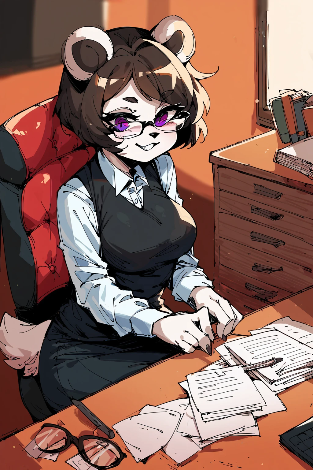 score_9, score_8_up, score_7_up, score_6_up, score_5_up, score_4_up,  furry, <lora:Neera_LI:1> neera li, office, secretary outfit, medium breasts, smile, bobcut, miniskirt, glasses,