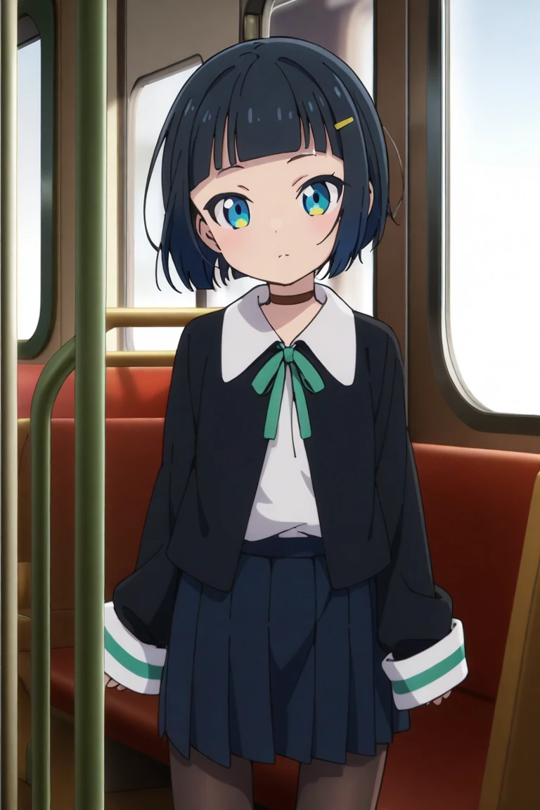 shinonome akira,1girl, solo, blue eyes, sleeves past wrists, skirt, shirt, jacket, blue skirt, closed mouth, choker, looking at viewer, white shirt, hair ornament, open clothes, black jacket, bangs, short hair, hairclip, ribbon, long sleeves, pleated skirt, open jacket, neck ribbon, green ribbon, collared shirt, black hair, blunt bangs, blue hair,shoes, pantyhose, train interior,
<lora:shinonome akira A31 e1:0.85>
