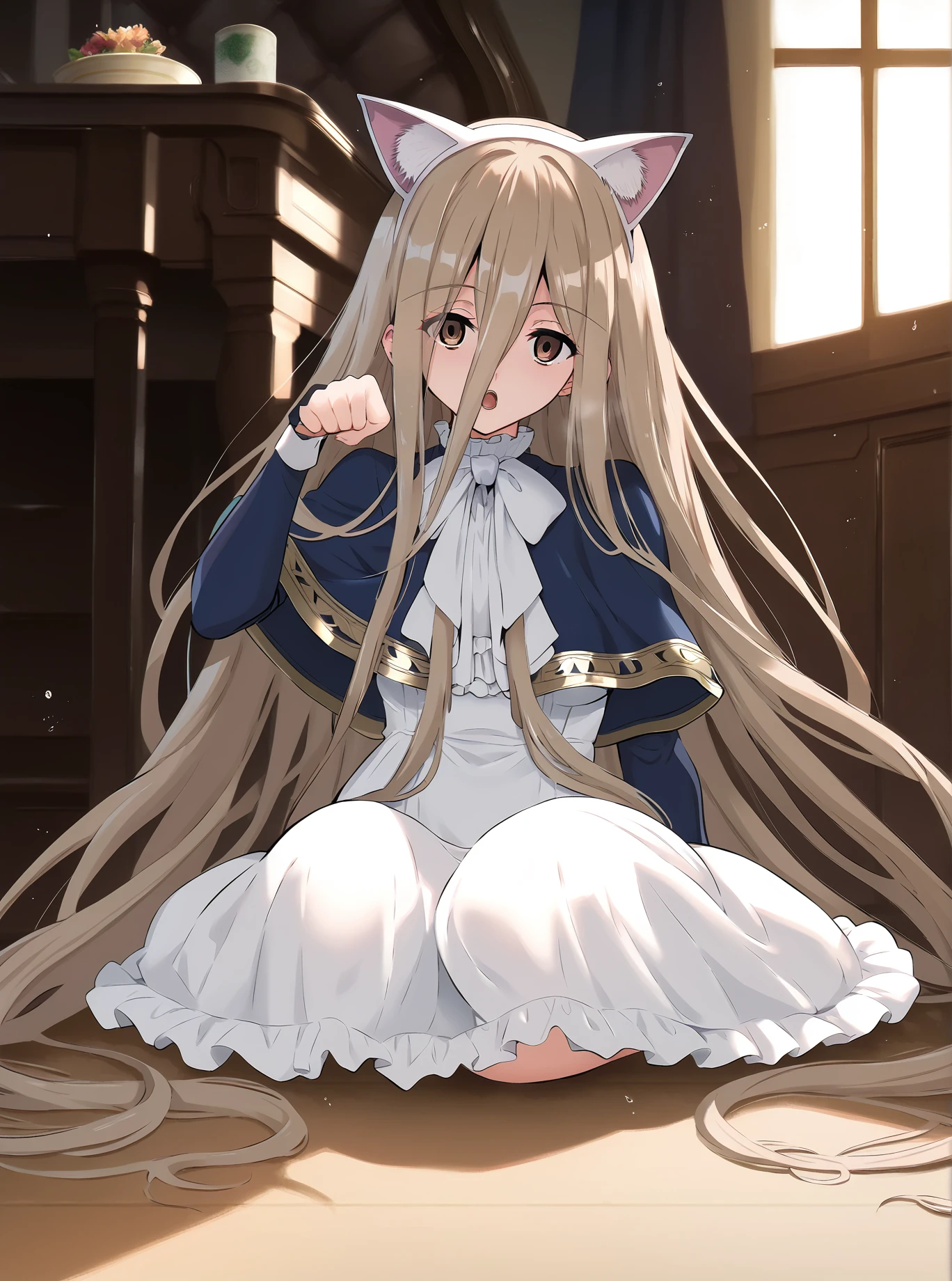 score_9, score_8_up, score_7_up, score_6_up, a girl sitting on the floor, paw pose, open mouth, fake cat ears
<lora:dozamura_style_pony6_v1-000010:1.2> <lora:sense_sousou no frieren_PONY_last:0.6> sense \(sousou no frieren\),brown eyes,very long hair,absurdly long hair,hair between eyes,eyes visible through hair, blue capelet,frilled dress,white long dress