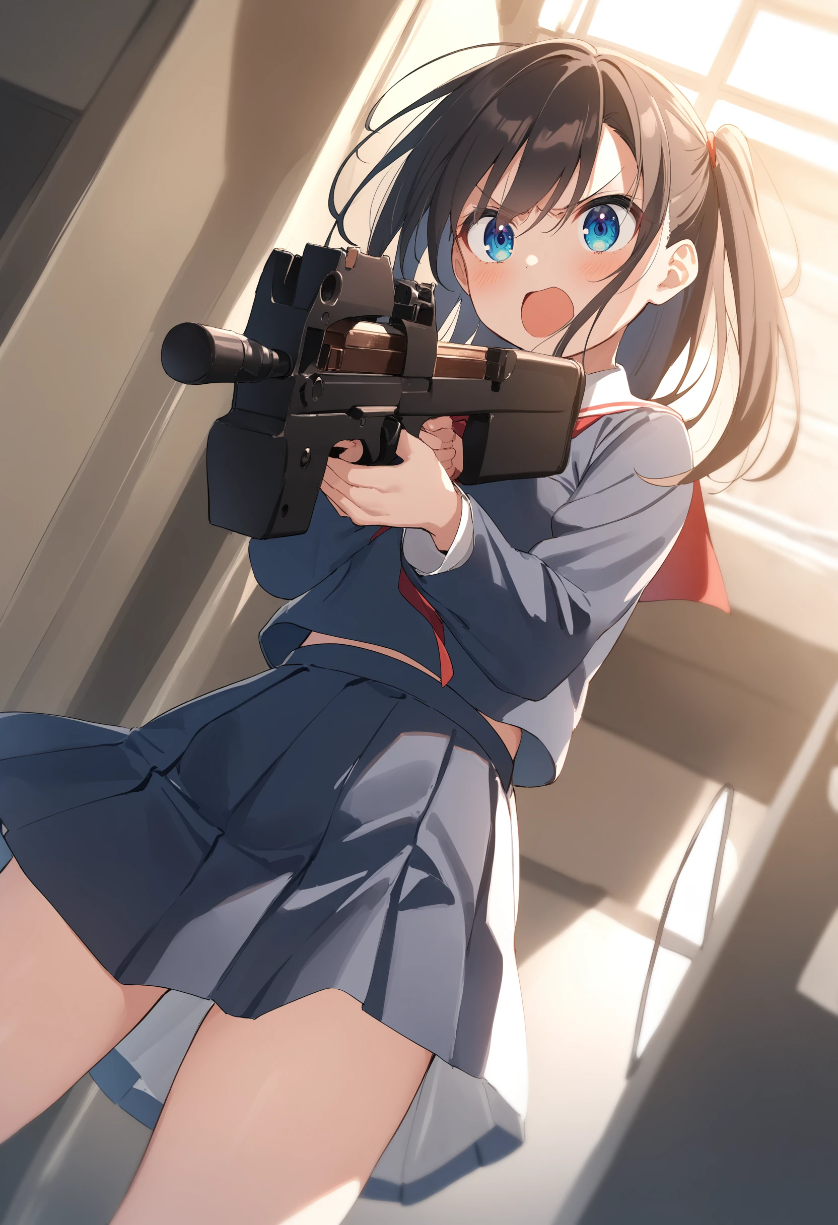 1girl,sincos, ningen mame, toosaka asagi,solo,medium breasts,school uniform,
P90, weapon, submachine gun, holding gun, aiming, <lora:P90_XL_v1:0.7>
from behind, cinematic angle, looking away, angry, study, open mouth,
best quality, very aesthetic, absurdres,