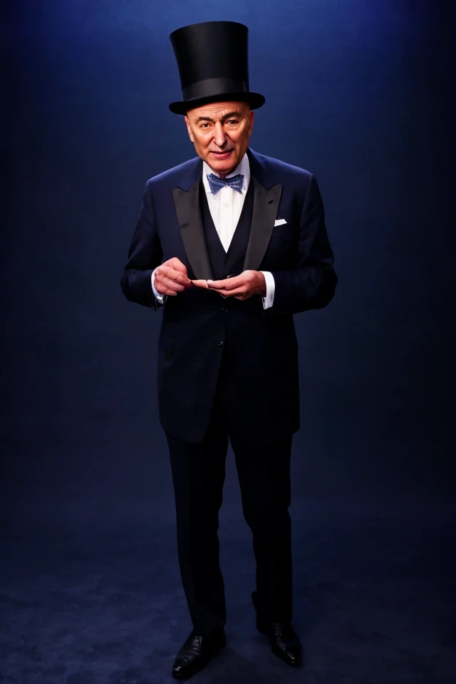 chuck schumer <lora:senate_063_chuck_schumer:0.65> , face closeup, face focus, shirt, formal, suit, collared shirt, white shirt, jacket,
Dressed in a magician's outfit with a top hat, standing in front of a stage, rabbit out of a hat,
best quality, masterpiece, HDR, professional, studio quality, highres,