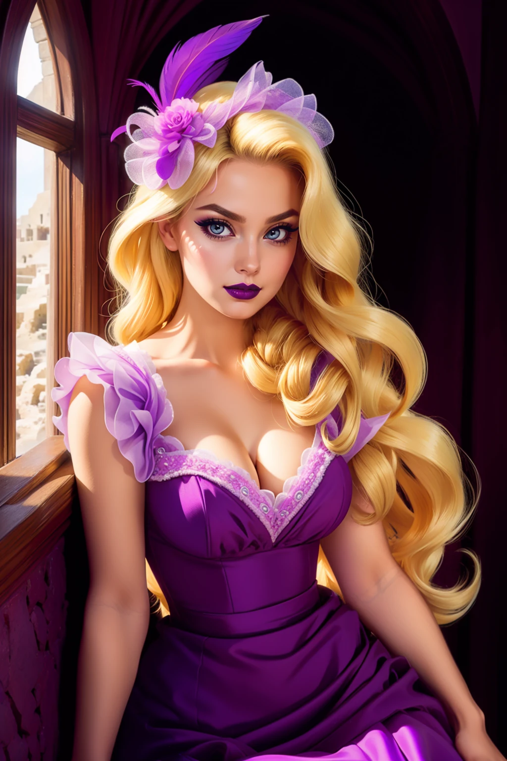 beautiful adult woman, <lora:FA-44:0.7>,headpiece fascinator, rapunzel, \(tangled\), very long blonde braid, purple:1.2 dress, english fashion eyeliner, eyeshadow, makeup, black lips (blonde hair) __hairstyle__ portrait, cleavage, high quality, best quality, high detail, 8k resolution,  hair feather Santorini, Greece, Blue Domes, Sunrise,  <lora:Style_inzaniak-Technicolor:0.2>  <lora:Tweak_EpiNoiseoffset-v2:1>, dark, moody, ((rim lighting, chiaroscuro)) full body,