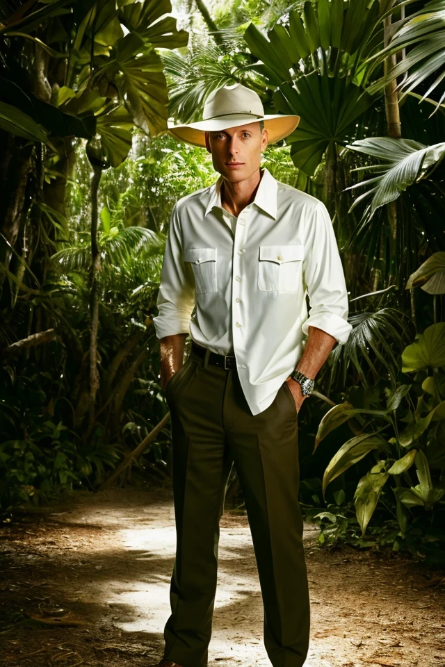 rick scott <lora:senate_018_rick_scott:0.65> , face closeup, face focus, shirt, formal, suit, collared shirt, white shirt, jacket,
Wearing a safari outfit with pith helmet, standing in a jungle setting,
best quality, masterpiece, HDR, professional, studio quality, highres,