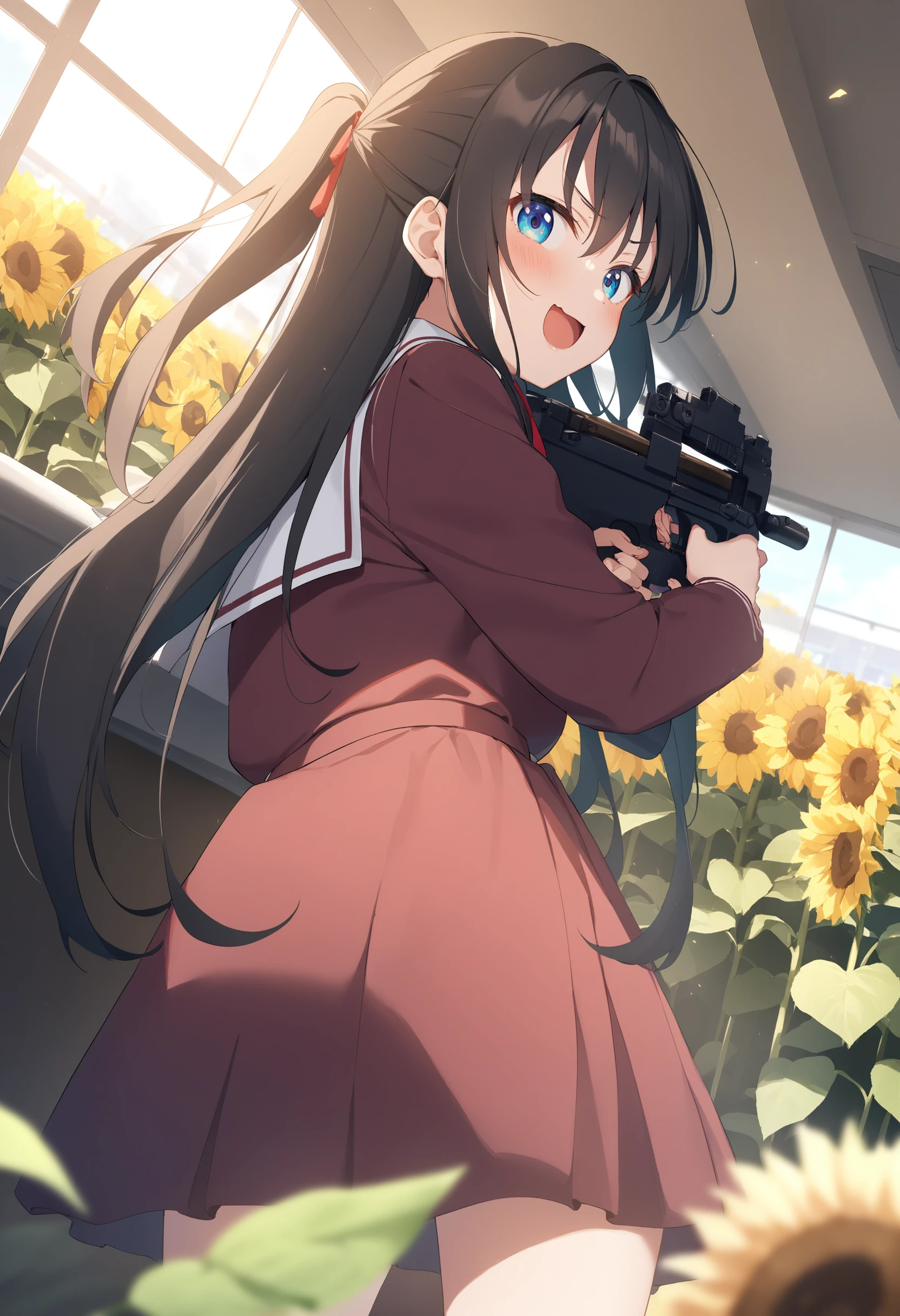 1girl,sincos, ningen mame, toosaka asagi,solo,medium breasts,school uniform,
P90, weapon, submachine gun, holding gun, aiming, <lora:P90_XL_v1:0.7>
ceiling, cinematic angle, looking back, smug, sunflower field, open mouth,
best quality, very aesthetic, absurdres,