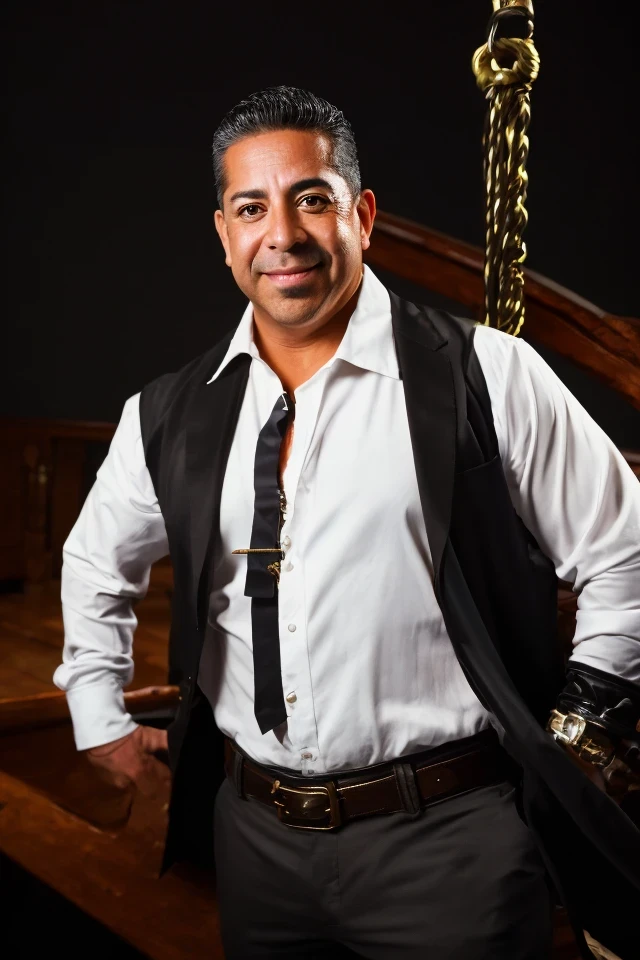 ben ray lujan <lora:senate_062_ben_ray_lujan:0.65> , face closeup, face focus, shirt, formal, suit, collared shirt, white shirt, jacket,
Clad in a pirate outfit with an eyepatch, standing on a pirate ship with a Jolly Roger flag in the background, "Treasury Hunt",
best quality, masterpiece, HDR, professional, studio quality, highres,