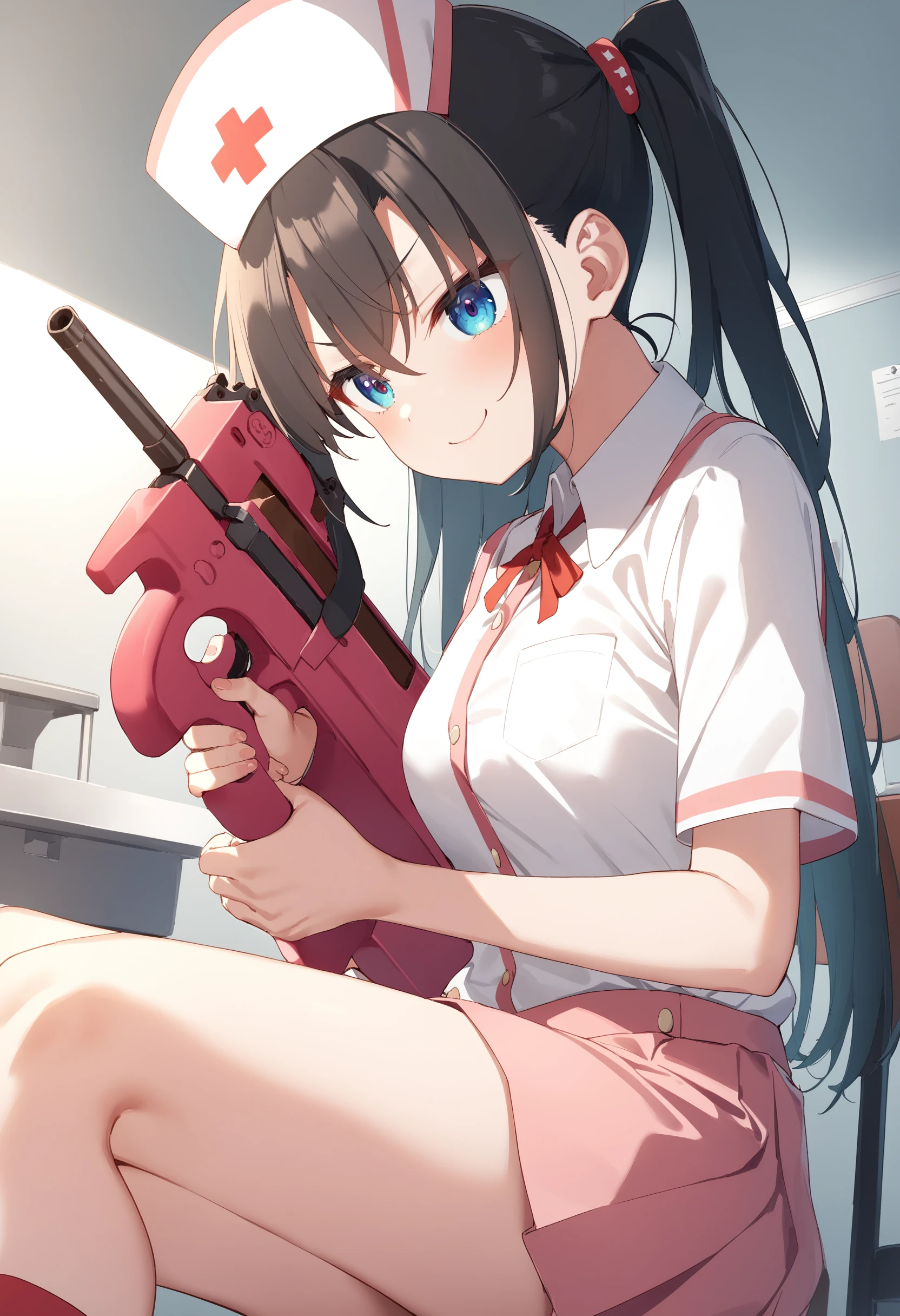 1girl,sincos, ningen mame, toosaka asagi,solo,medium breasts,school uniform,
P90, weapon, submachine gun, holding gun, aiming, <lora:P90_XL_v1:0.7>
from side, feet out of frame, looking to the side, seductive grin smug, nurse's office, closed mouth,
best quality, very aesthetic, absurdres,