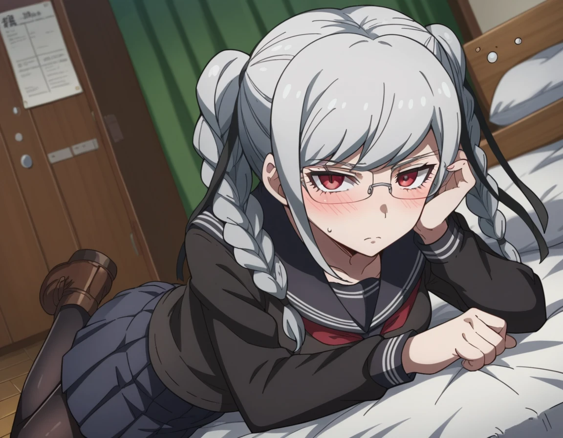 score_9, score_8_up, score_7_up, source_anime,
pekopekoyama, <lora:peko-pekoyama-s2-ponyxl-lora-nochekaiser:1>,
peko pekoyama, braid, long hair, red eyes, twin braids, glasses, white hair,
black pantyhose, black shirt, brown footwear, collarbone, pantyhose, pleated skirt, school uniform, serafuku, shirt, shoes, skirt,
indoors, bed, bed room, on side, blush, drunk,
looking at viewer, cowboy shot, dutch angle, solo,