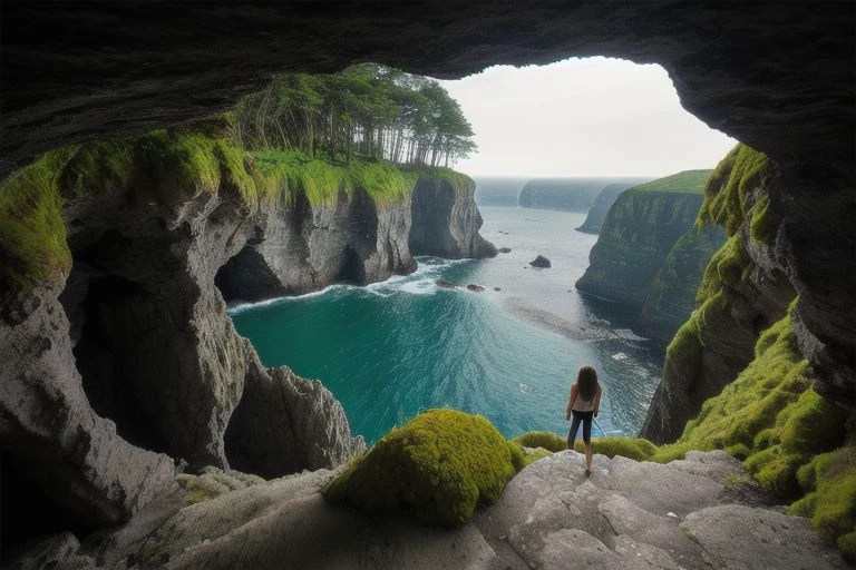 Best quality, 1girl, cave, cliff, standing on cliff, standing, wave, moss