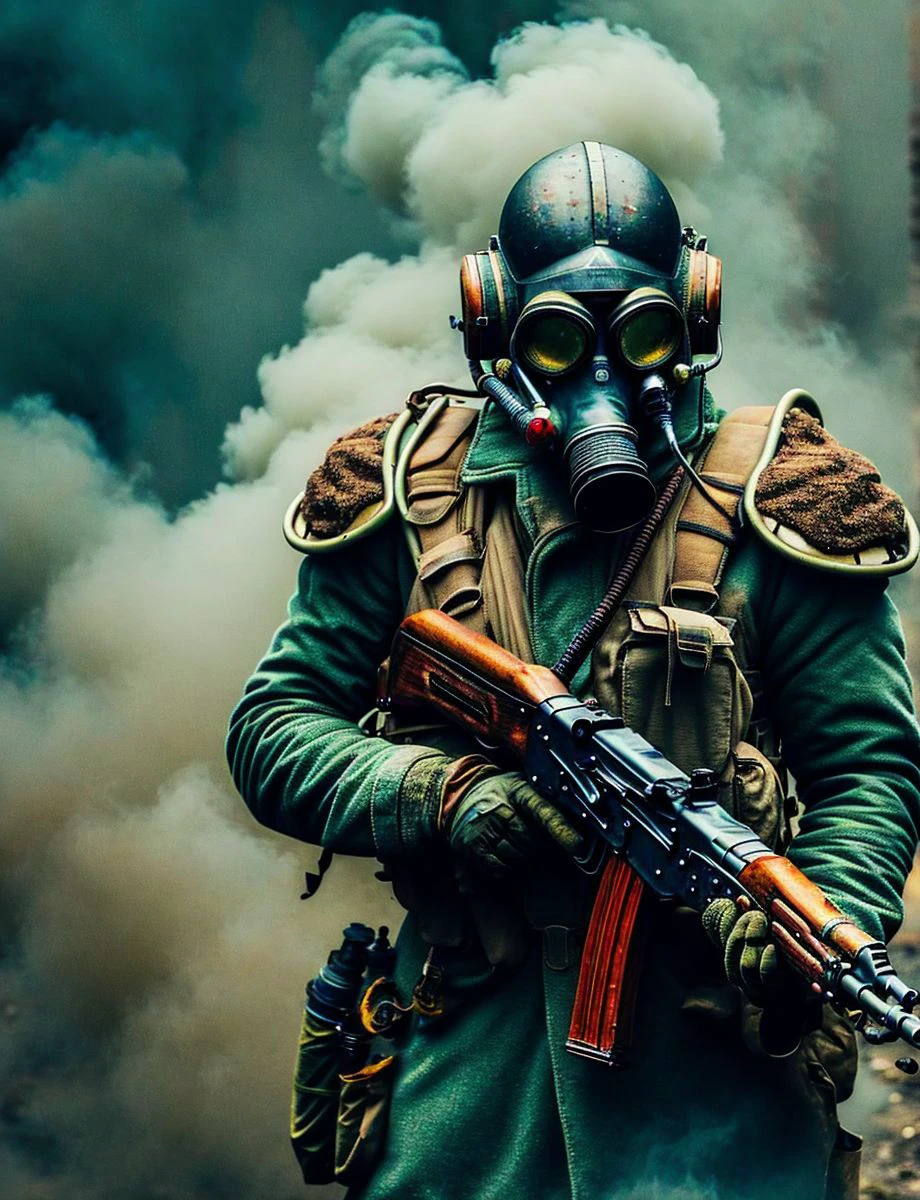 photo of a dieselpunk soldier holding an ak47 rifle, assault rifle, emerging out of smoke, wearing a gas mask and rusty armor, gas mask tubing, glowing goggles, ridged helmet, sharp focus, dramatic lighting, cinematic, on a battlefield