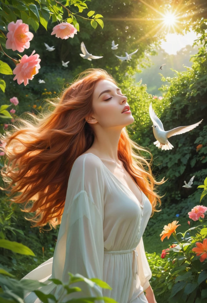 The young woman is surrounded by lush greenery, her hair flowing in the wind. She gazes out into the distance with an air of serenity and tranquility, her face illuminated by the warm sunlight. The colors around her are vibrant and bright, the flowers in full bloom, and the birds singing their sweet melodies., (&:0)