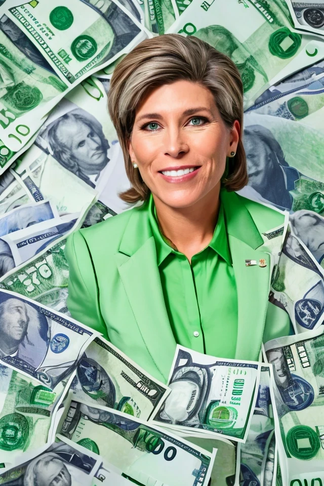 joni ernst <lora:senate_030_joni_ernst:0.65> , face closeup, face focus, shirt, formal, suit, collared shirt, white shirt, jacket,
green suit, dollars, money, bills, green banknotes flying,
best quality, masterpiece, HDR, professional, studio quality, highres,