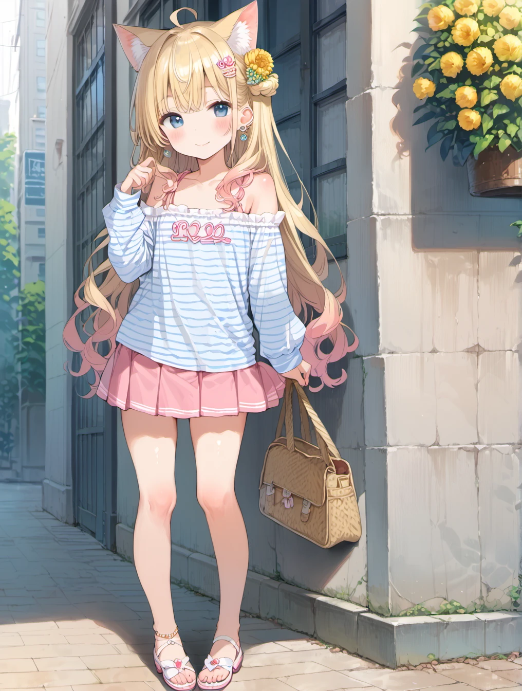 score_9, score_8_up, score_7_up,source_anime,BREAK uncensored,1girl,solo,gyaru, ahoge, animal ear fluff, blonde hair, blue eyes, blush, closed mouth, day, detached sleeves, earrings, flower, full body, hair flower, hair ornament, jewelry, long hair, long sleeves, looking at viewer, off shoulder, off-shoulder shirt, outdoors, shirt, smile, standing, striped, striped shirt, very long hair, white shirt, yellow flower