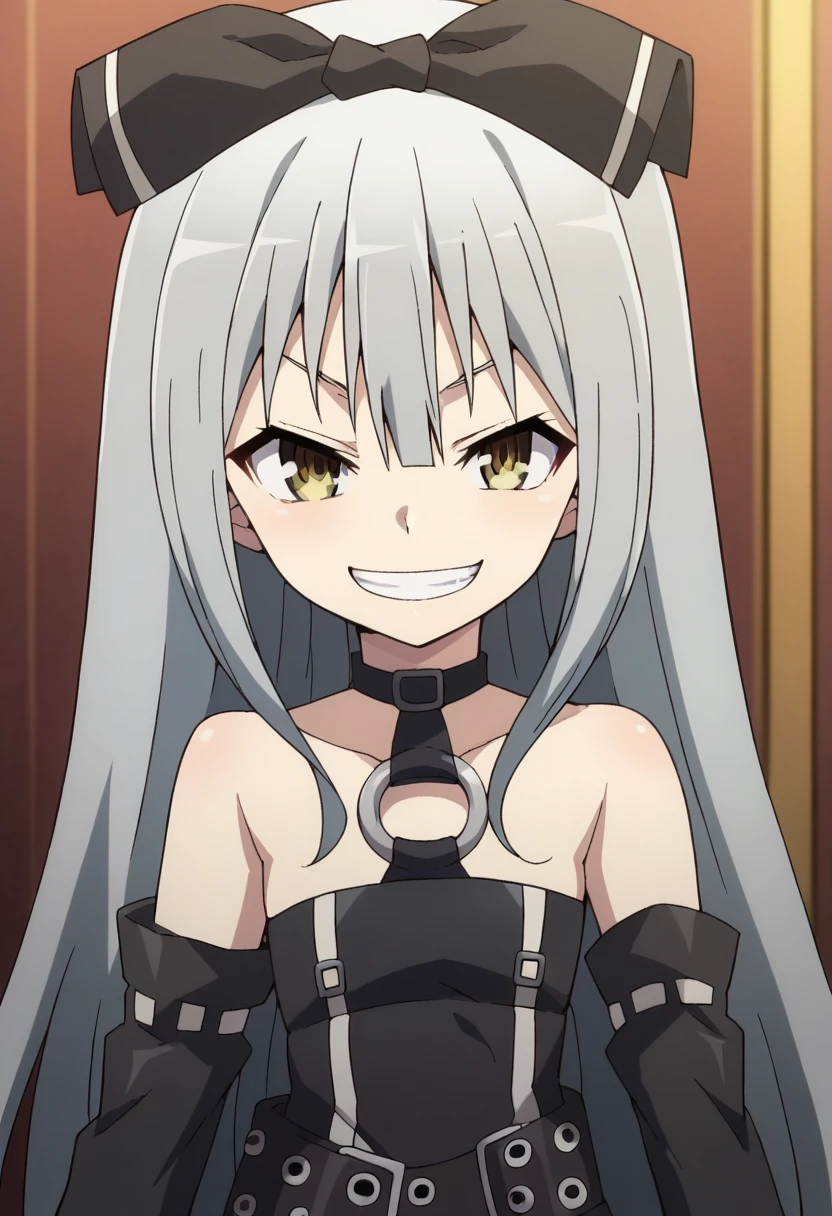 solo,SoraTS, long hair, skirt, bare shoulders, very long hair, grey hair, pantyhose, detached sleeves, belt, black pantyhose, bow,  <lora:PonyXL SoraTS V2:1>, score_9, score_8_up, score_7_up, score_6_up, score_5_up, score_4_up , anime coloring ,BREAK source_anime, anime,
pov, upper body, evil smile, grin,