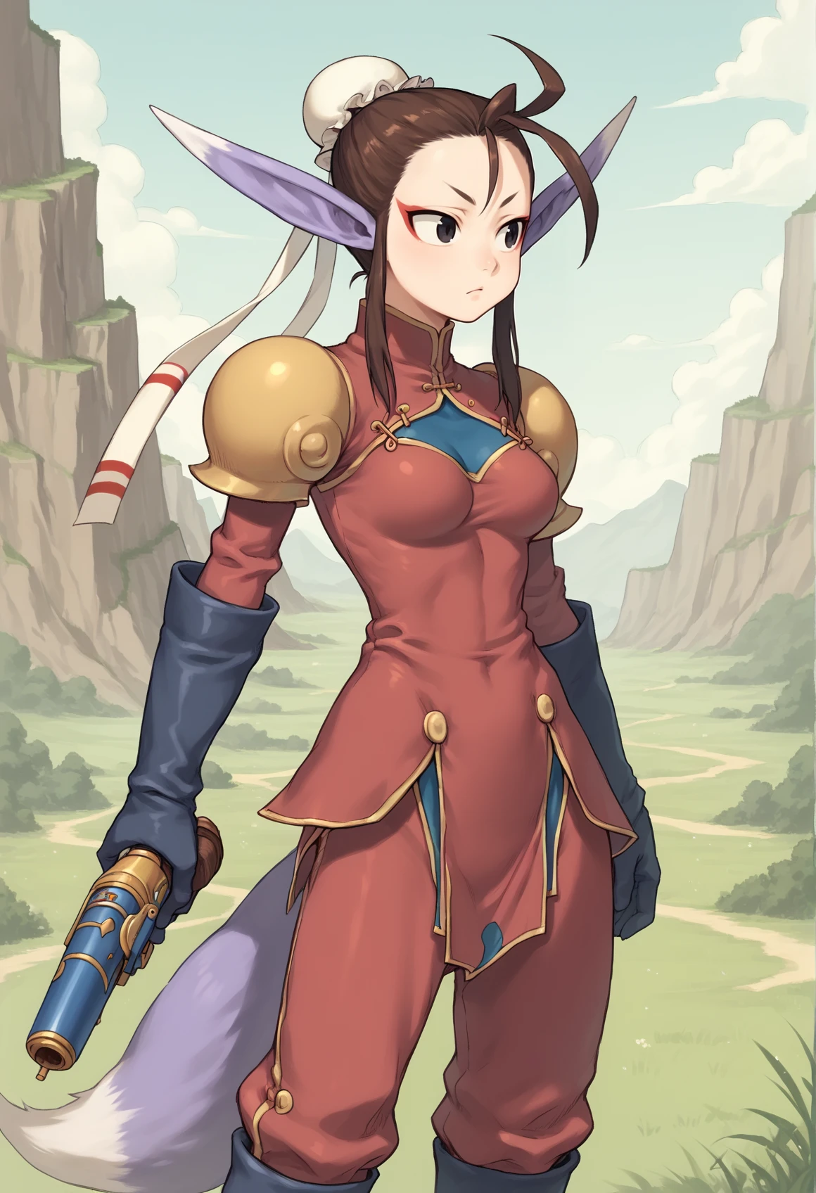 1girl, brown hair, black eyes, sidelocks, single hair bun, bun cover, eyeliner, pointy ears, animal ears, fox tail, chinese clothes, shoulder pads, pants, elbow gloves, boots, holding gun, flintlock. outdoors, valley, cowboy shot, contrapposto, medium breasts, <lora:Ursula_Breath_of_Fire_IV_XL:1>, score_9, score_8_up, score_7_up, score_6_up, score_5_up, score_4_up, BREAK source_anime, masterpiece