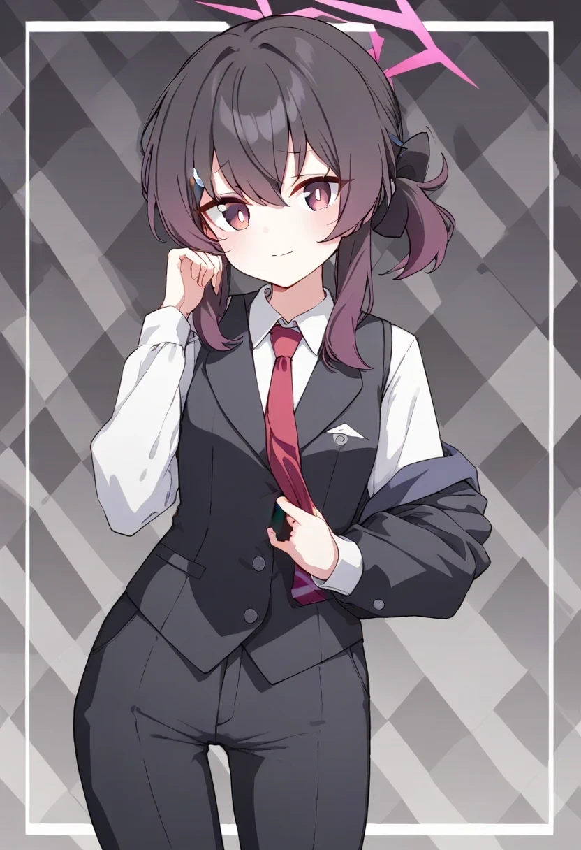 <lora:ps68_dress_pony:1>1girl, haruka \(suit\) \(blue archive\), black vest, black pants, white shirt, red necktie, cowboy shot, looking at viewer, simple background, checkered background
