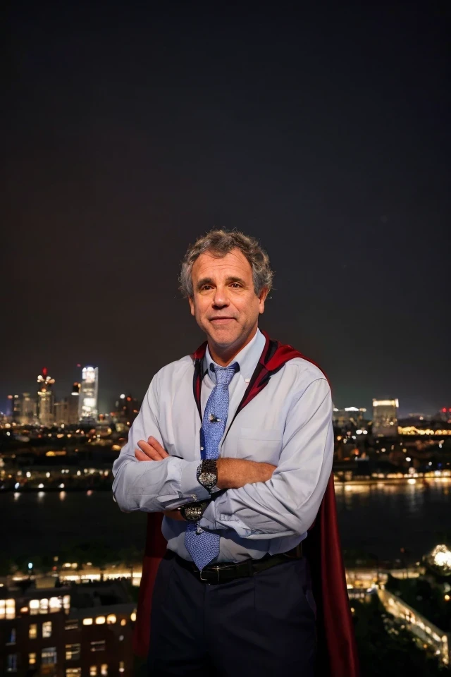 sherrod brown <lora:senate_069_sherrod_brown:0.65> , face closeup, face focus, shirt, formal, suit, collared shirt, white shirt, jacket,
Wearing a superhero costume with a giant "S" on the chest, flying above a city skyline with a cape flowing behind them,
best quality, masterpiece, HDR, professional, studio quality, highres,
