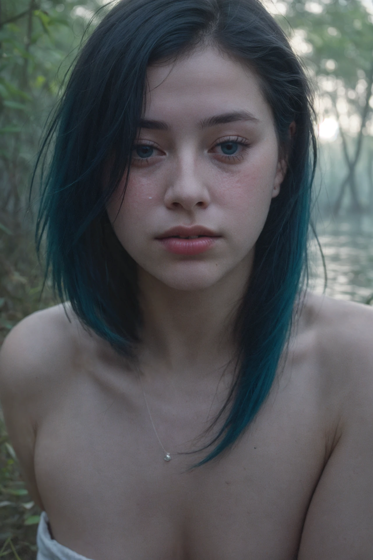documentary, photo of a young woman age of 19, dark-blue hair, close-up,random pose, pale, (dark misty swamp), pastel, god rays, technicolor, soft tones,dreamy haze,perfect face,by Lee Friedlander, perfect face, finely detailed skin, rim lighting, hard lighting, in the style of Sue Bryce, ((hasselblad photography)) (8K, 16k, uhd), (RAW photo:1.2), (best quality:1.4), (high quality:1.4), (realistic:1.3), (photo-realistic:1.4),