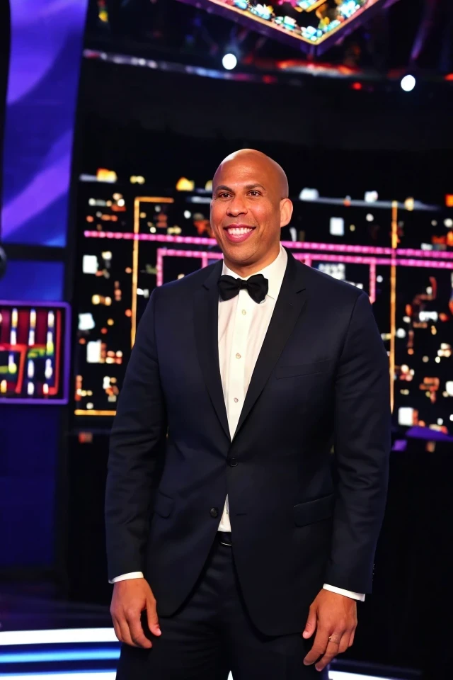 cory booker <lora:senate_060_cory_booker:0.65> , face closeup, face focus, shirt, formal, suit, collared shirt, white shirt, jacket,
Dressed in a flashy game show host outfit with a bow tie and sparkly jacket, standing on a game show set, spinning a large prize wheel,
best quality, masterpiece, HDR, professional, studio quality, highres,