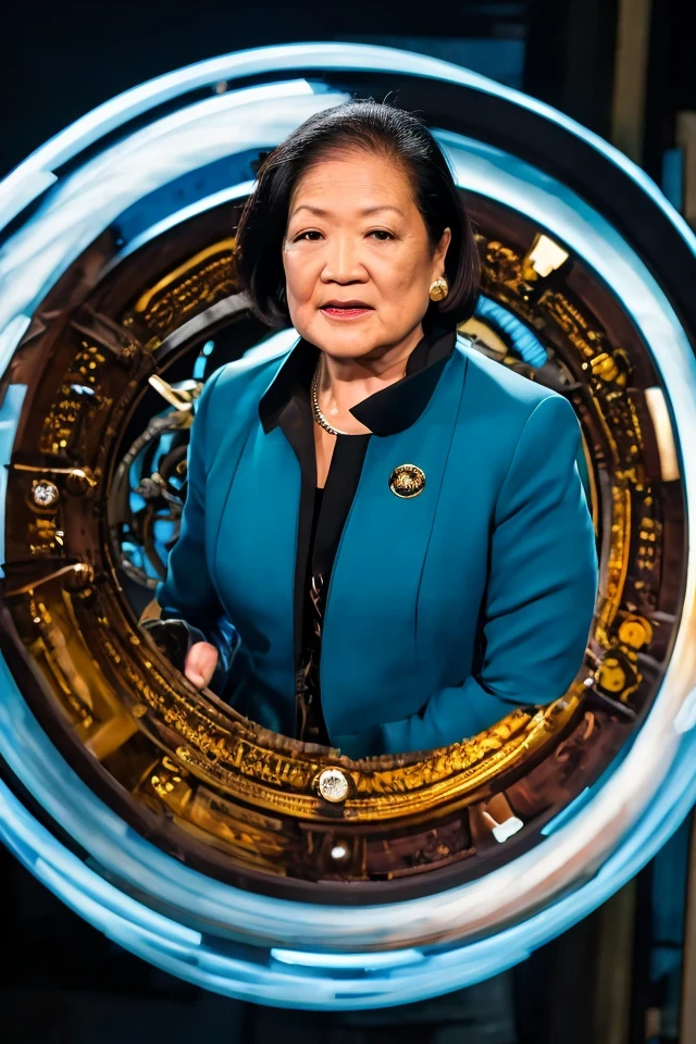 mazie hirono <lora:senate_022_mazie_hirono:0.65> , face closeup, face focus, shirt, formal, suit, collared shirt, white shirt, jacket,
Dressed in a steampunk outfit,large clock or time machine device, set against a backdrop of a swirling vortex,
best quality, masterpiece, HDR, professional, studio quality, highres,