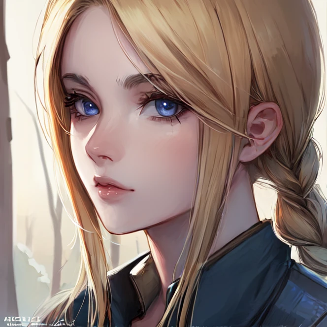 extreme close-up, portrait, solo, <lora:mirageKoas:0.7> mirage_koas, blonde hair, long hair, braid, single braid, braided ponytail, parted bangs, blue eyes, jacket, open jacket, shirt, high collar, highres, Digital art, trending on artstation, best quality, insanely detailed, masterpiece, stunning environment, wide-angle,