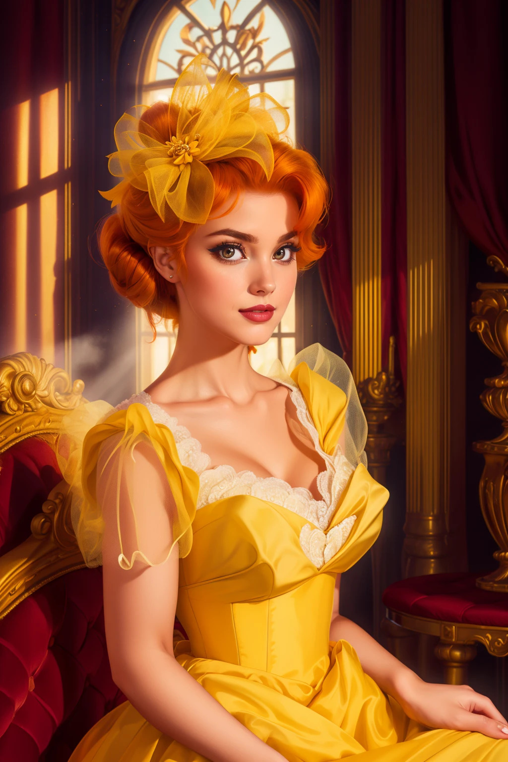 beautiful adult woman, <lora:FA-44:0.75>,mesh:1.1 fascinator, Belle \(disney\), auburn styled hair, yellow:1.2 ballgown,yellow petticoat, French fashion, hair bow eyeliner, eyeshadow, makeup, iridescent lips (honey hair, red hair, multicolored hair) __hairstyle__ portrait, cleavage, high quality, best quality, high detail, 8k resolution,  hair ornament Royal Suite, Paris, Antique Furnishings, Modern Comforts,  <lora:Style_inzaniak-Technicolor:0.2>  <lora:Tweak_EpiNoiseoffset-v2:1>, dark, moody, ((rim lighting, chiaroscuro))