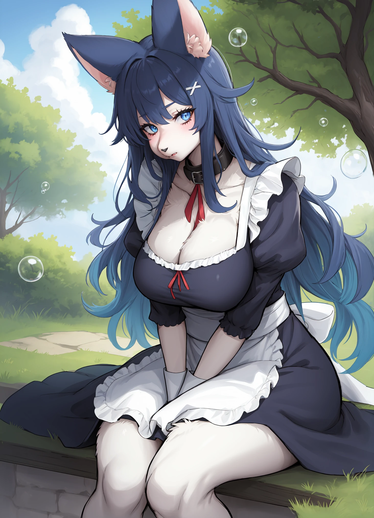 masterpiece, best quality, very aesthetic, ultra detailed, intricate details,
suurin, 1girl, solo, animal ears, tail, furry, furry female, body fur, fur, detailed fluffy fur, animal ear fluff, fur pattern, animal nose, snout, canine, blue hair, blue fur,
maid, maid headdress, maid apron, puffy sleeves, collar, lace trim, lace, bubble skirt, very long hair, wavy hair, breasts, bangs, huge breasts, curvy, wide hips,
cowboy shot, sitting, looking at viewer, leaning forward, hands on own knees, forest, outdoors, tree, sunlight, cloudy, <lora:Suurin:1>