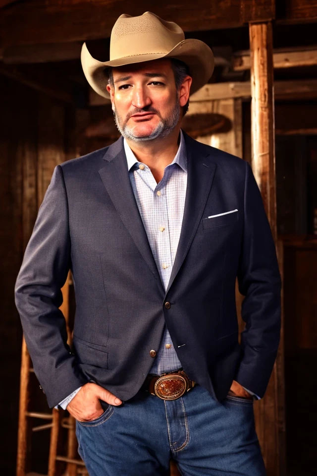 ted cruz <lora:senate_086_ted_cruz:0.65> , face closeup, face focus, shirt, formal, suit, collared shirt, white shirt, jacket,
Dressed in cowboy attire with a ten-gallon hat and cowboy boots, standing in front of a Western saloon, lasso or branding iron,
best quality, masterpiece, HDR, professional, studio quality, highres,